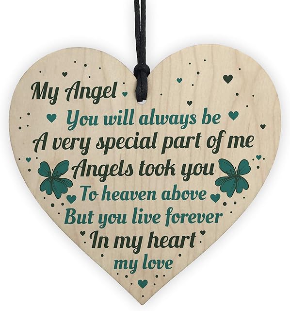RED OCEAN Wooden Heart Angel Memorial Gift Remembrance Plaque For Mum Dad Nan Grandad Daughter Husband Wife Baby