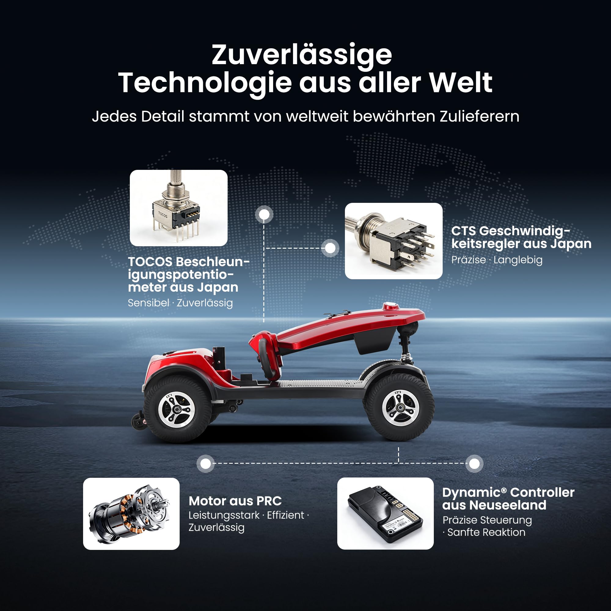Elektromobil Seniorenmobil Rollstuhl elektrisch faltbar,20AH herausnehmbarer Akku 25km,300W,360° Luxus-Sitz mit Kopfstütze,E-Bremse,32cm Fußraum,9-Zoll Luftreifen stoßdämpfend,LED,USB,Windabweiser Rot