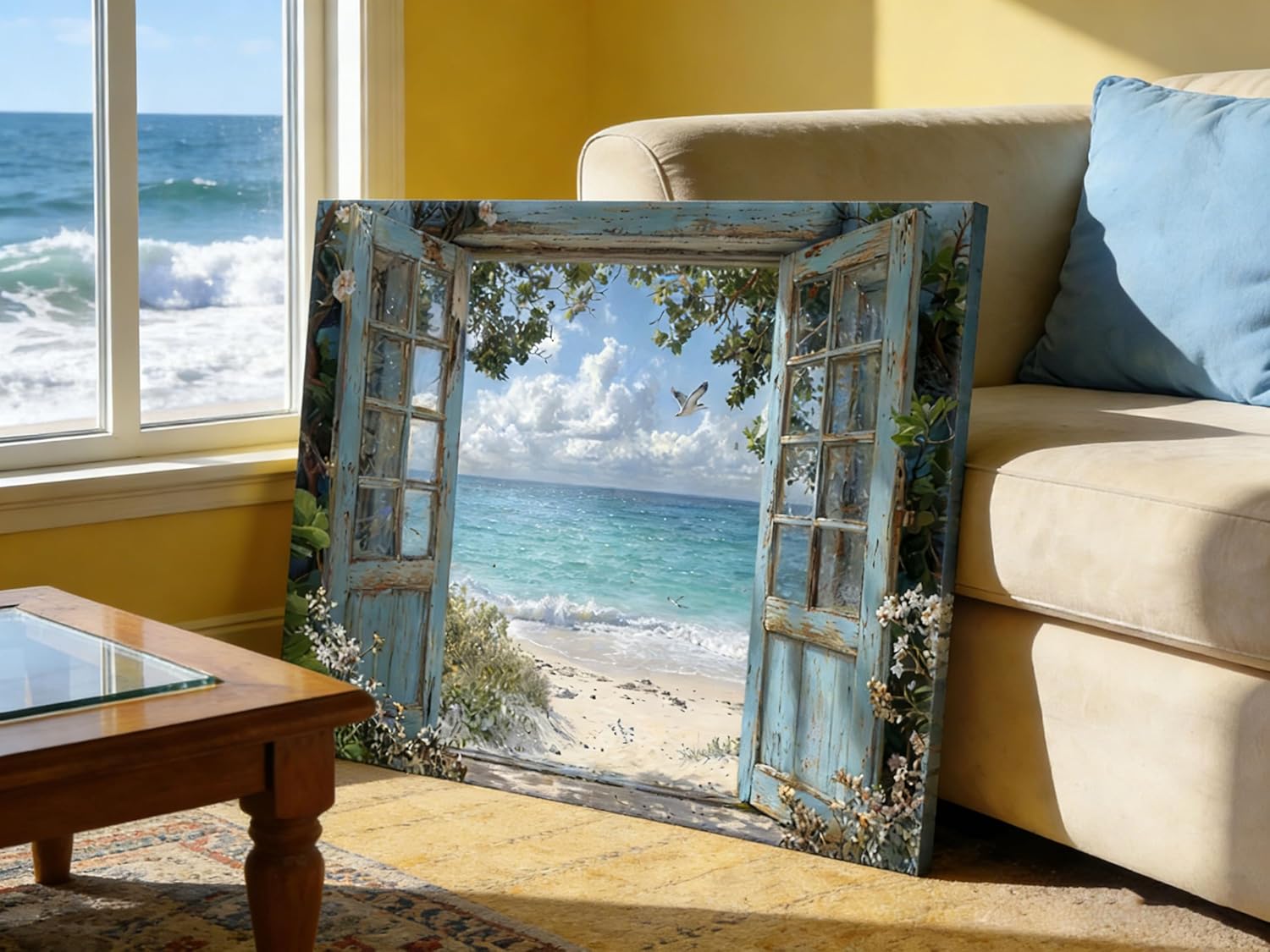 Window Beach Wall Art, Coastal window view canvas, 16×24in Framed, For Living Room Bedroom Bathroom Home Decor