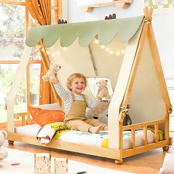 Twin Montessori Floor Bed with LED Lighting & Tent, Wood House Tent Beds for Kids with Roof, Headboard & Footboard, Montessori House Bed Twin, No Box Spring Needed White