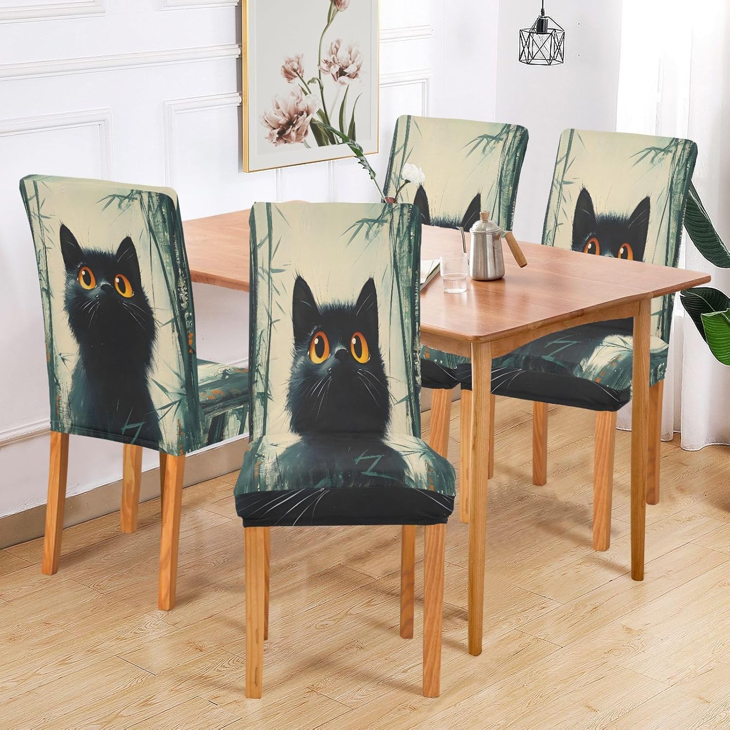 ALAZA Chair Covers for Dining Room, Painting Black Cat Stretch Chair Cover Sets Chair Protector Removable Washable for Ktichen Restaurant Hotel