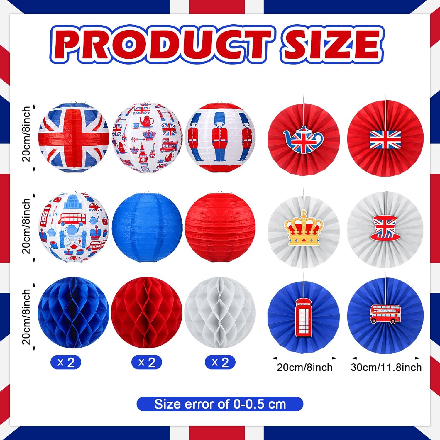 Retisee 18 Pcs British Party Decorations Britain UK England Flag Hanging Paper Lanterns Red White Blue Honeycomb Fans Honeycomb Ball for Hanging Coronation Union Jack Party Decoration