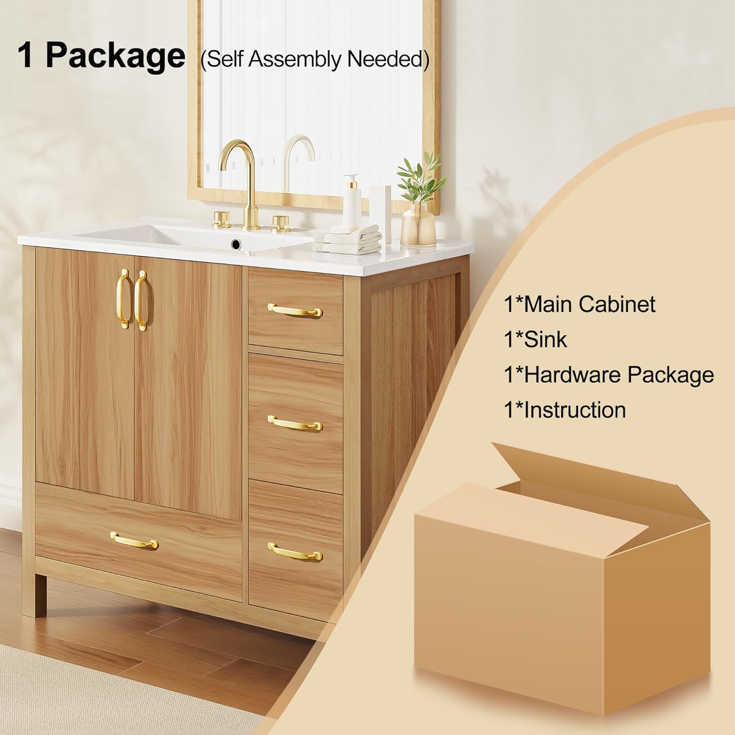 36 inch wood bathroom vanity inside storage and adjustable shelf