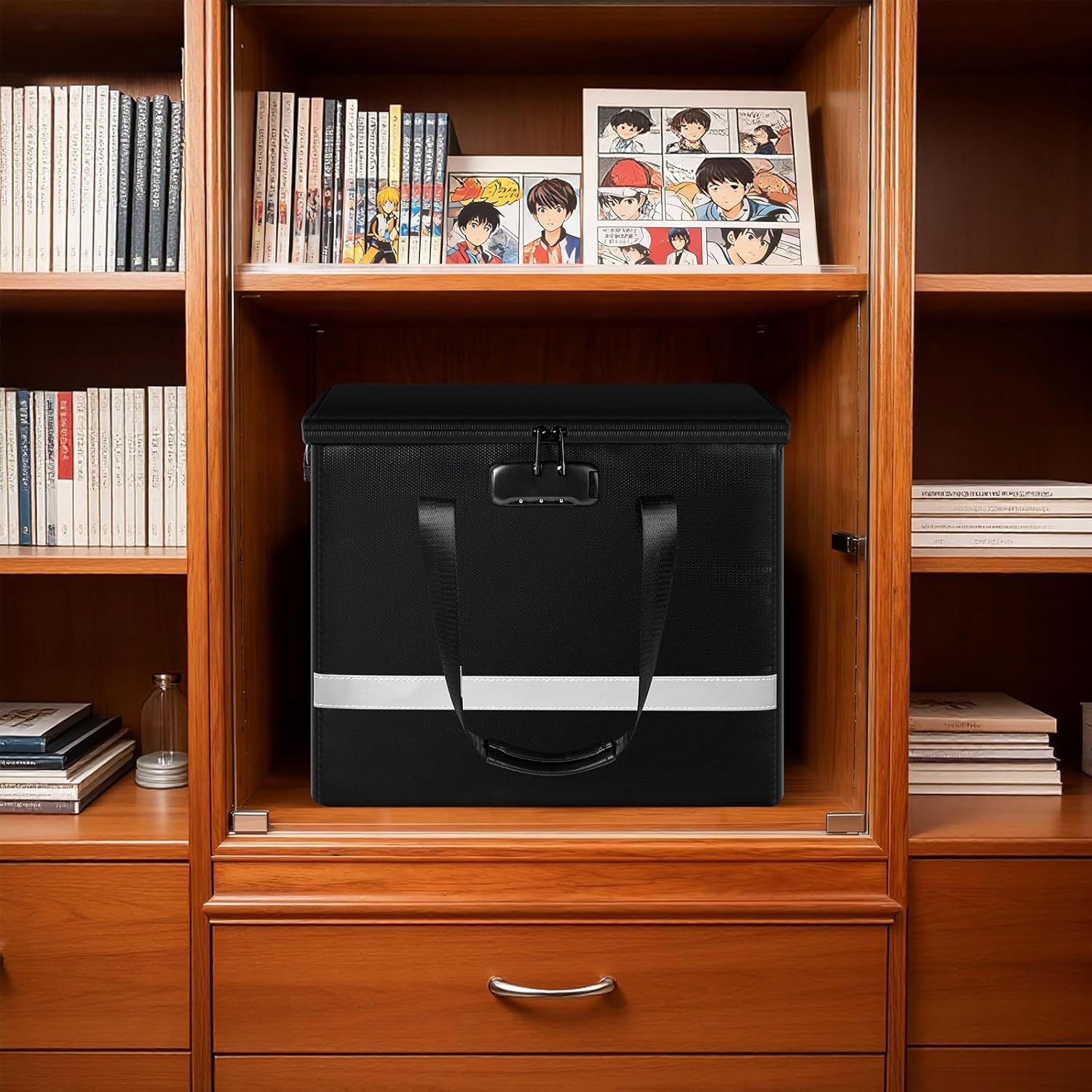 Fireproof Comic Book Storage Box - Holds 140+ Comics, Organizer Kit with 50 Protective Bags, Label Stickers and Catalog, Comic Book Bin with Adjustable Divider, Lock & Reflective Strips (Case Only)