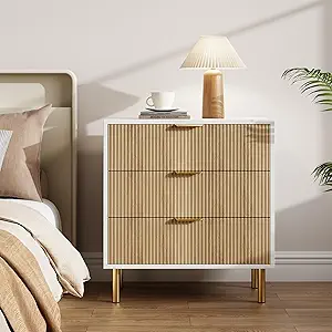 GarveeHome Natural Dresser, Modern 3 Drawer Dresser for Bedroom with Gold Handle and Large Drawer, Wood Double Chest of Drawers and Storage Organizer for Living Room, Hallway, Entryway