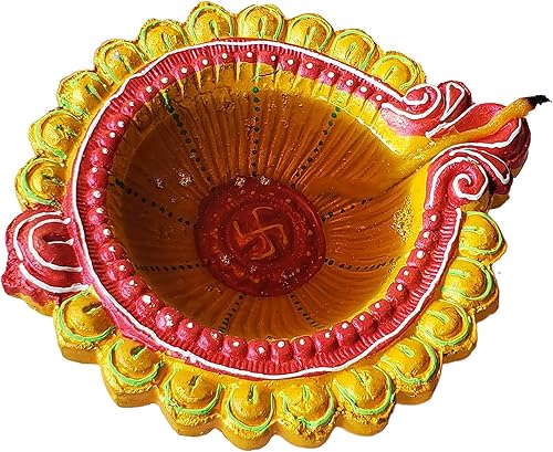 Pure Source India Hand Made Clay Diya for Diwali Decoration, Big Size Deepak, 1 Piece, Multicolor