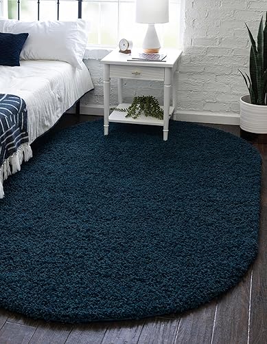 Unique Loom Solid Shag Collection - Alfombra de área (3 pies 3 pulgadas x 5 pies 3 pulgadas, ovalada, azul zafiroazul marino)