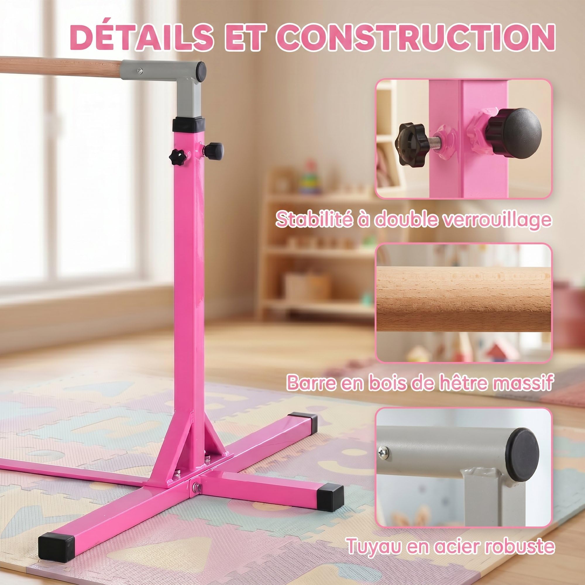 HOMCOM Barre Fixe de Gymnastique pour Enfant, Hauteur Réglable sur 13 Niveaux de 92-150 cm, en Acier et Bois de Hêtre, Barre de Gym d'Entraînement à Domicile, Antidérapant, Facile à Assembler