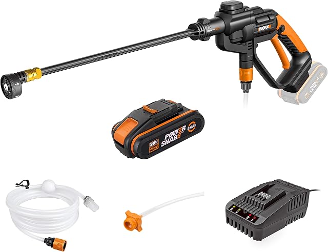 WORX WG620E.6 18V(20V MAX) Cordless 22 Bar Hydroshot Portable Pressure Washer with 2.0 Ah Battery, PowerShare, 120 L/H Compact Pressure Cleaner, Suitable for Patio Cleaning and Car Washing