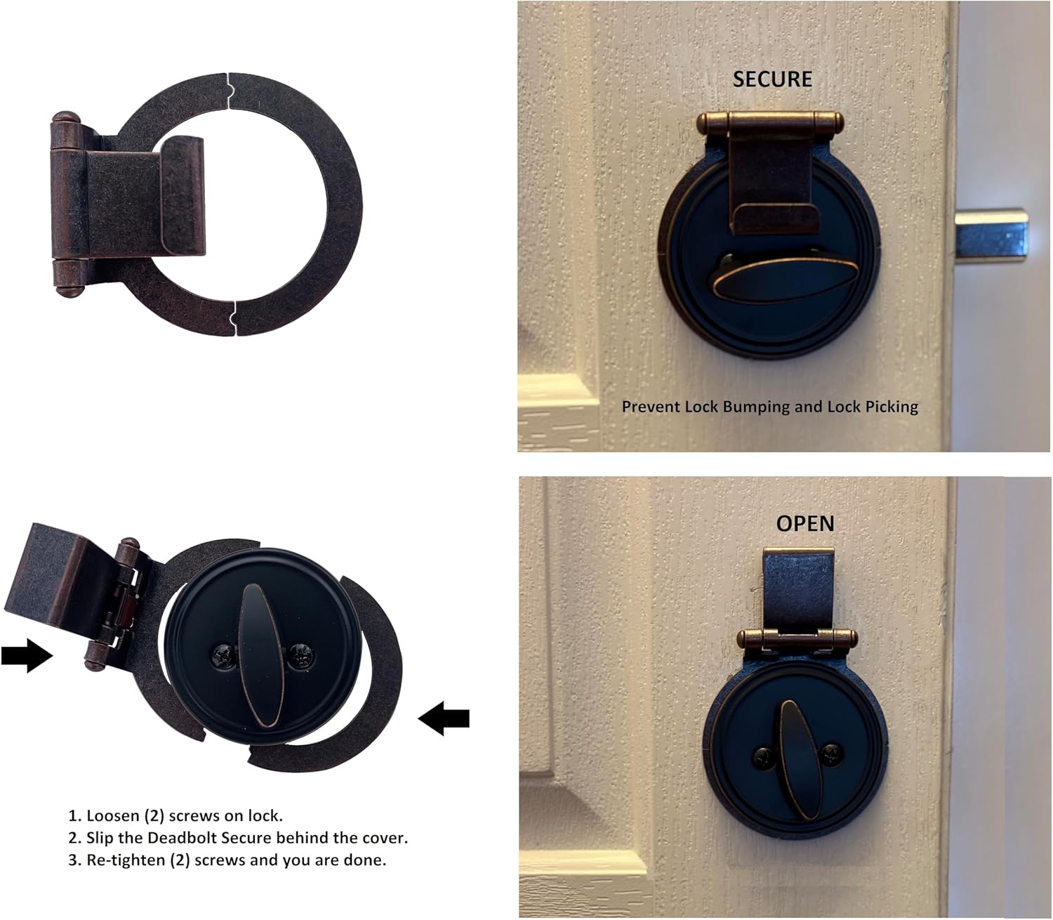 Deadbolt Secure, Prevent Lock Bumping, Prevent Lock Picking, for in-Swinging and Out-Swinging Doors, Install in Minutes, no Drilling (Bronze)