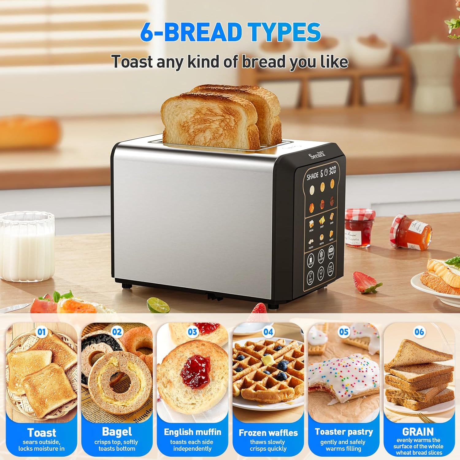 2 Slice Automatic Toaster, Touch Screen Smart Toaster with Digital Timer, 6 Bread Types, 6 Browning Levels, Reheat/Defrost, +10s Extend, Custom Memory Settings for Home, RV, Office