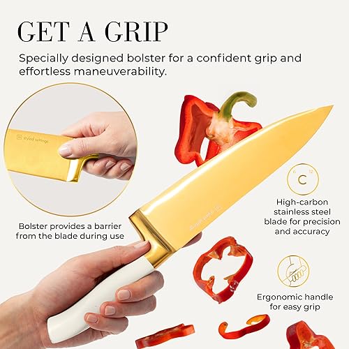 Miniatura 8 de Juego de cuchillos blancos y dorados con bloque autoafilable – 14 cuchillos de cocina con revestimiento de titanio dorado y blanco con bloque de