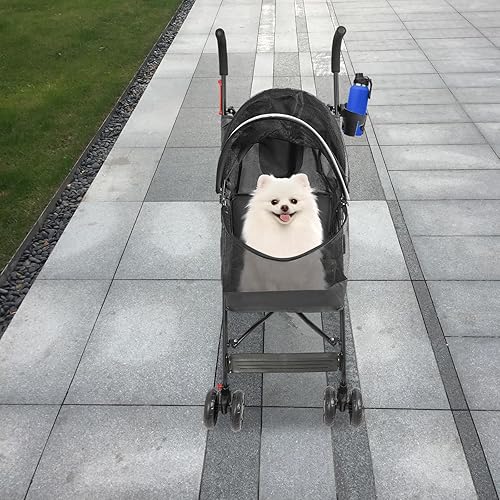 Miniatura 8 de Cochecito de viaje para mascotas de 4 ruedas, plegable y ligero, con malla transpirable y visible para perros y gatos pequeños y medianos (hasta 22