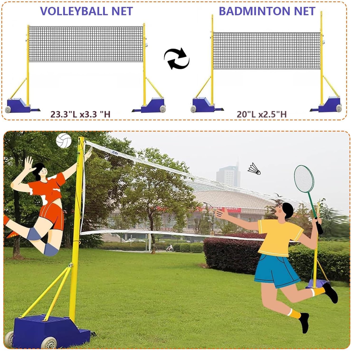 Heavy-Duty Badminton Net & Adjustable Volleyball Poles Set, 4 Heights (5ft-6.8ft), Portable with Wheels, Ideal for Backyard, Indoor & Outdoor Fun for Adults & Kids