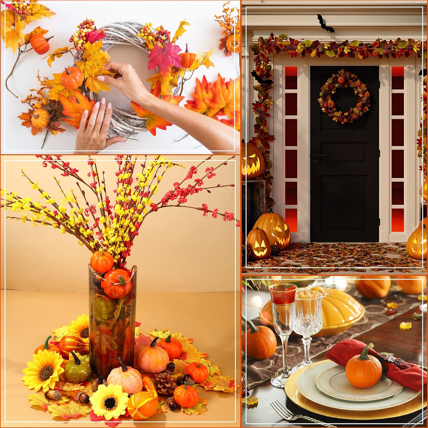 Janinka 150 Pcs Thanksgiving Artificial Pumpkins Decorations, Fall Foam Pumpkin and Gourd Fake Maple Leaves Pine Cones Acorns Fall Decor for Autumn Harvest Festival Party Table Centerpieces Supplies