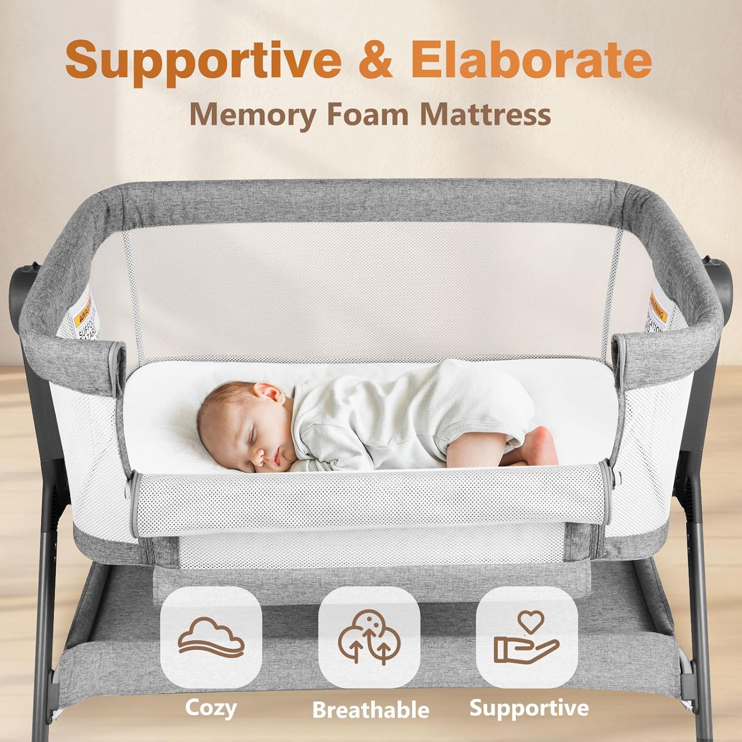 3-in-1 Baby Bassinet, Bedside Bassinet Sleeper, Rocking Bassinet with Comfy Mattress&Breathable Mesh, 6-Height Adjustable, Quiet Moveable & Easy-Assembly Grey Crib, 0-5 Months Baby