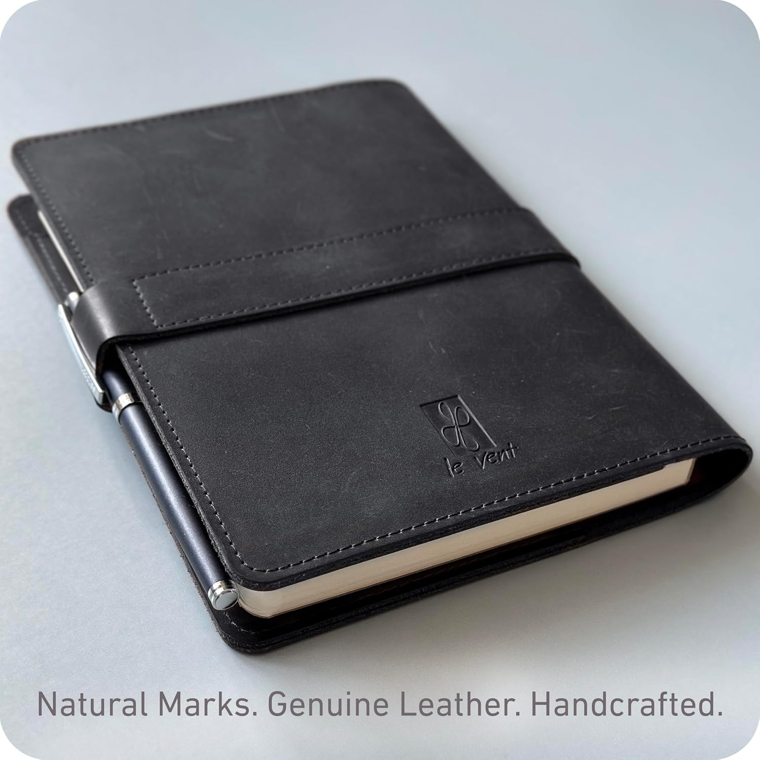 le vent Refillable A5 Genuine Leather Journal Notebook Cover with 2 Inserts, 200+200 Pages Lined + Blank, 5x8 Notebook for Work, Drawing, Sketchbook, Vintage Journal For Men and Women, Black