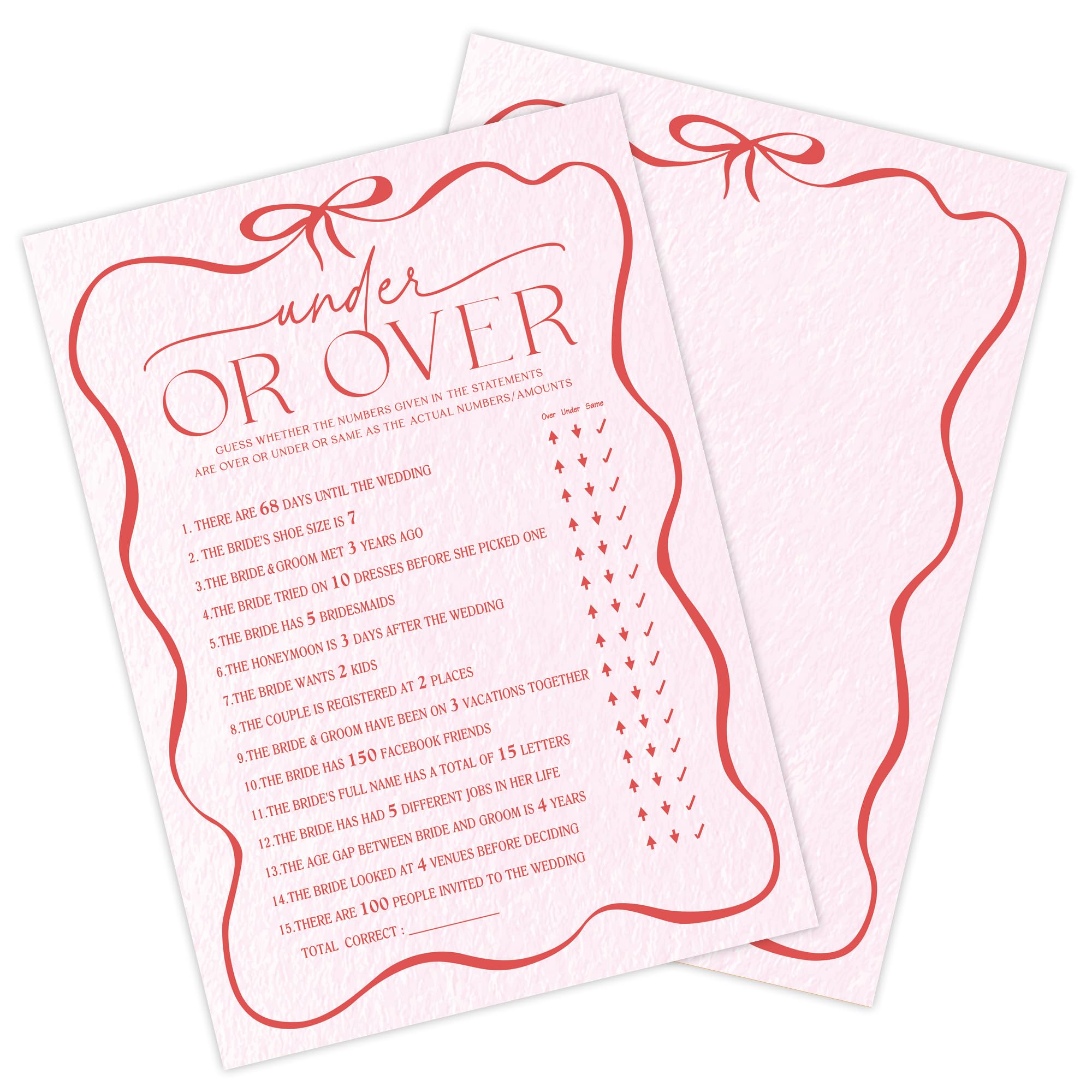 Tarjetas de juego de despedida de soltera con lazo rosa de 5 x 7 pulgadas, debajo o más, 30 tarjetas de juego de boda de doble cara, compromiso y fiesta de boda, actividades y decoración, A04
