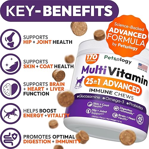 Miniatura 2 de Multivitamínico masticable para perros, vitaminas y suplementos para perros con glucosamina, 170 masticables, cadera y articulaciones, apoyo
