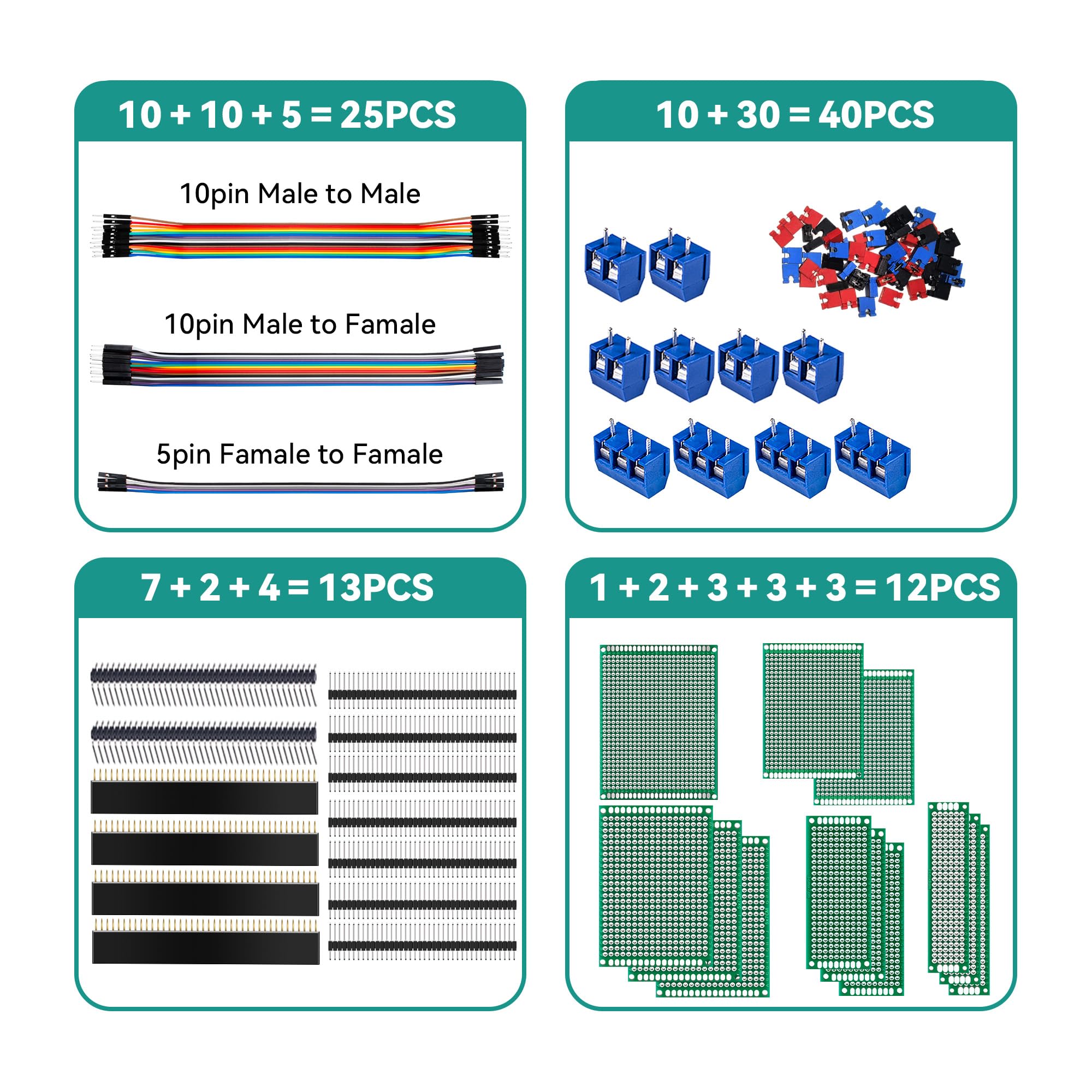 Miuzei 90 pezzi PCB Board Kit, 12 schede forate double face, 13 bande per penne, 10 morsetti a vite, 25 ponticelli per cavi, compatibile con Arduino per progetti elettronici fai da te