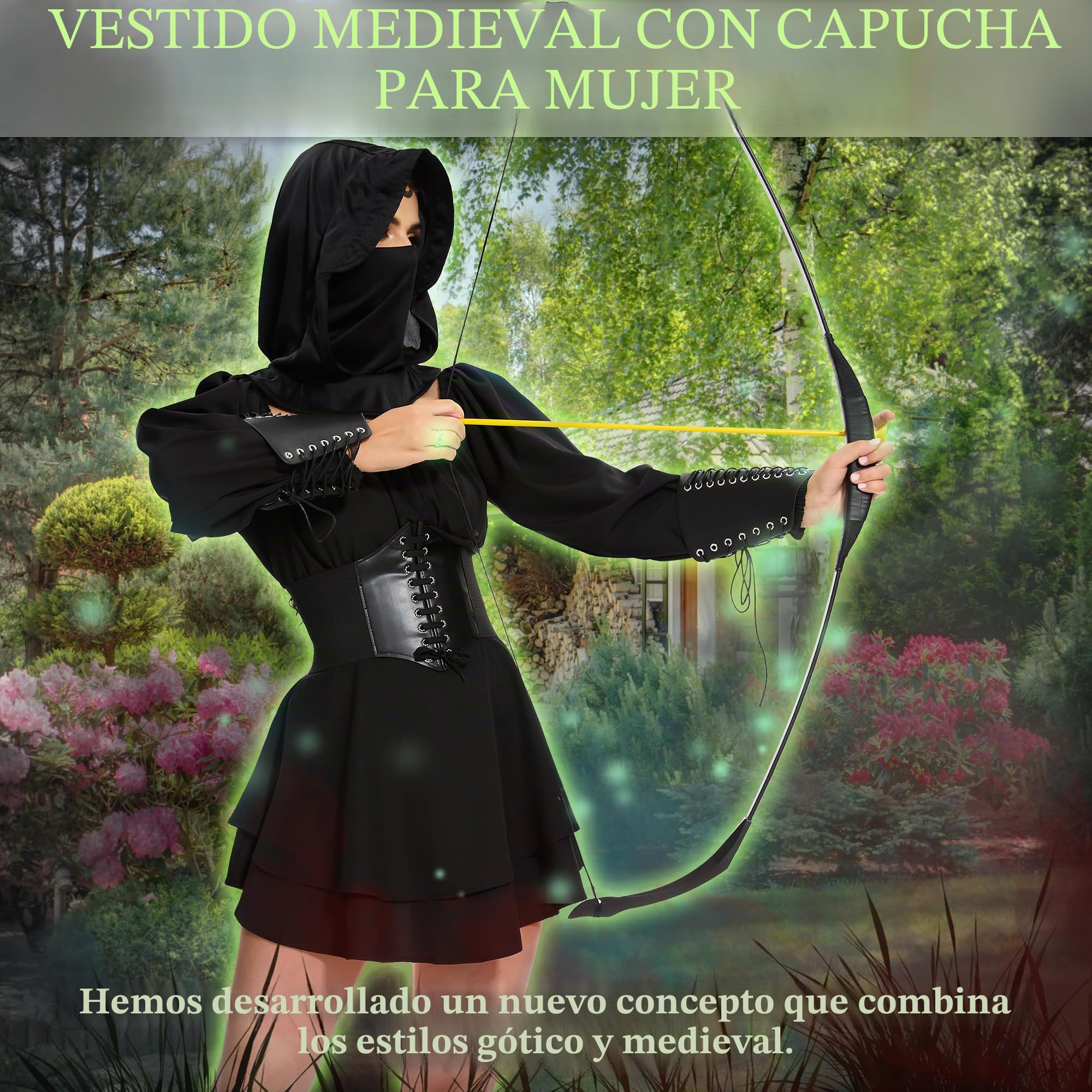 IEEILULU Vestido Medieval Mujer con Capucha, Vestido Gótico Retro Mujer, Disfraz Renacentista con Corsé, Orejas de Elfo para Carnaval Halloween Cosplay