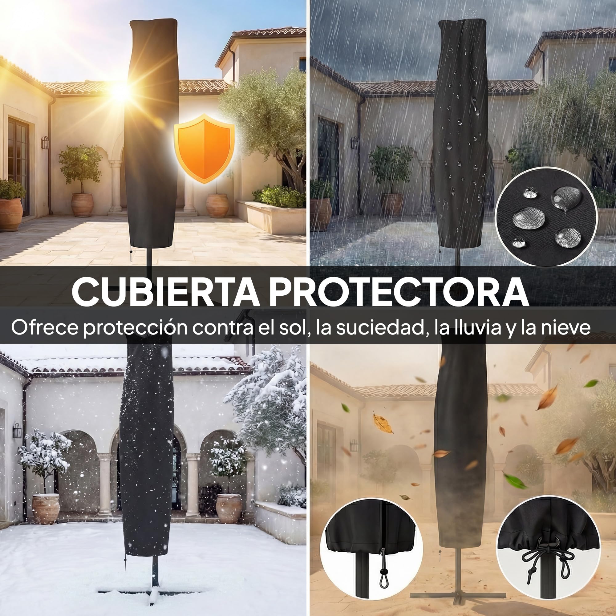 Outsunny Parasol Excéntrico con Luces LED Solares Ø345 cm Azul Marino | Sombrilla de Jardín de Aluminio, Base Cruzada, Manivela, Funda Protectora, Cuerdas de Viento, UPF50+, Terraza Exterior