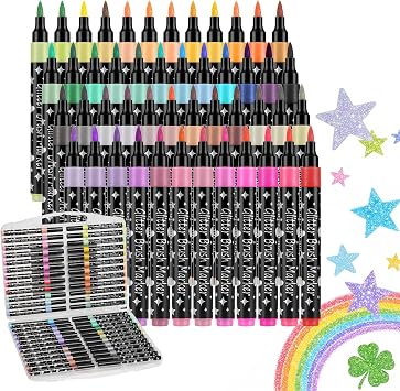 48 Pcs Glitter Markers, Brush Tip Marker, Metallic Sparkle Water Based Markers for Cards, DIY Crafts, Doodle, Writing, Art Supplies Scrapbooking