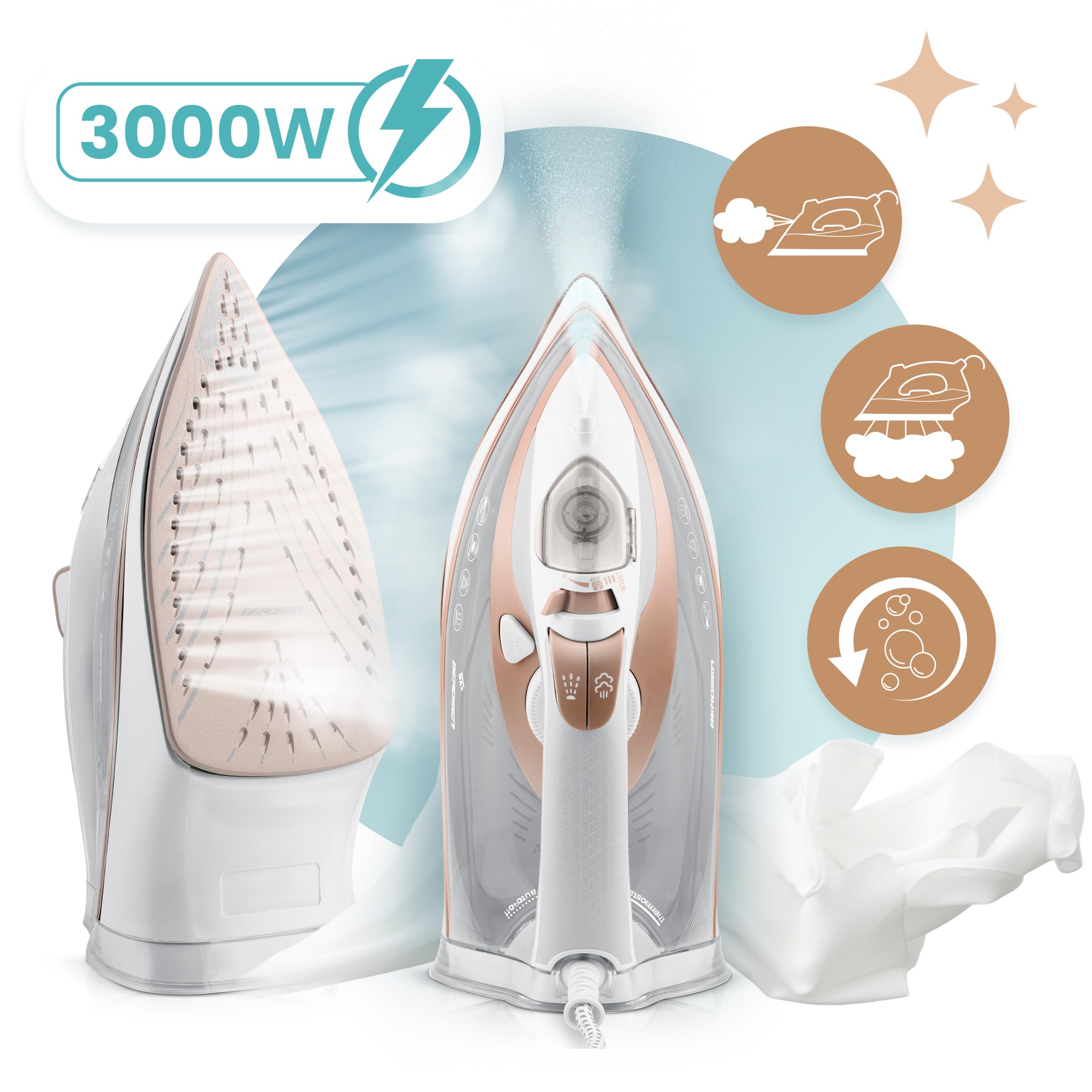 Berdsen Żelazko Parowe - 3000W z Podwójnym Wyrzutem Pary 10w1 - Powłoka Ceramiczna - Zbiornik na Wodę 360 ml - Białe