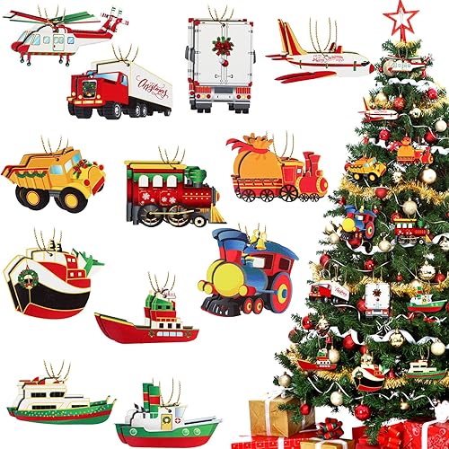 36 piezas de adornos colgantes para árbol de Navidad, mini barco, coche, avión, tren de combate, pequeño colgante de camión rojo, decoración de