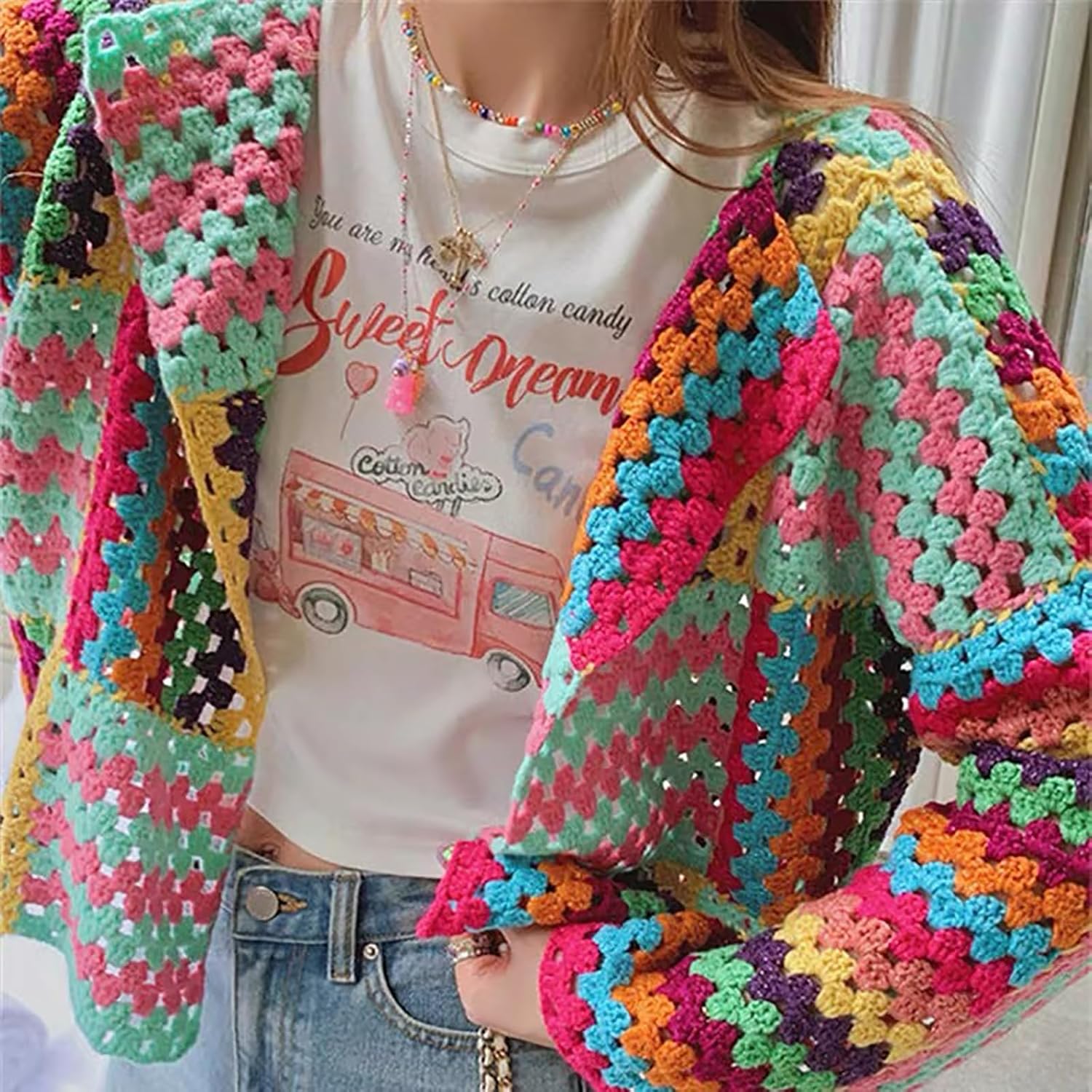 CORIRESHA Women's Boho Crochet Colorful Cardigan Open Front Long Sleeve Knit Multicolor Sweater - Image 3