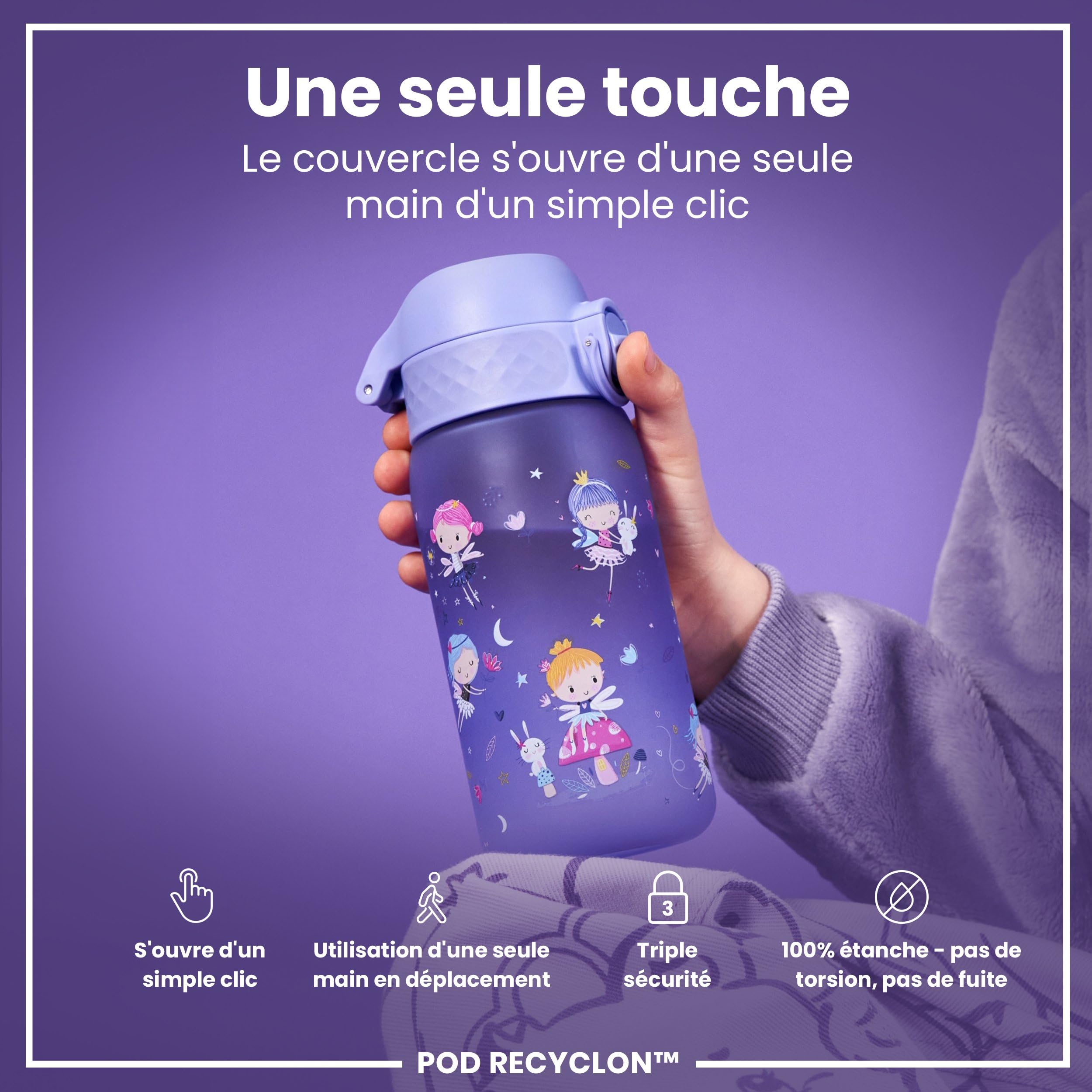 Ion8 Gourde Enfant, 350ml, Anti-Fuite, Facile à Ouvrir, Verrouillage Sécurisé, Lavable en Lave-Vaisselle, Sans BPA, Poignée de Transport, Facile à Nettoyer, Carbone Neutre, Fées