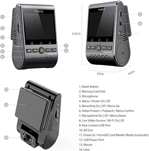 Miniatura 7 de VIOFO Cámara dual para salpicadero, 2K 1440P 60fps+1080P 30fps cámara frontal y trasera con Wi-Fi GPS, modo de estacionamiento, grabación de