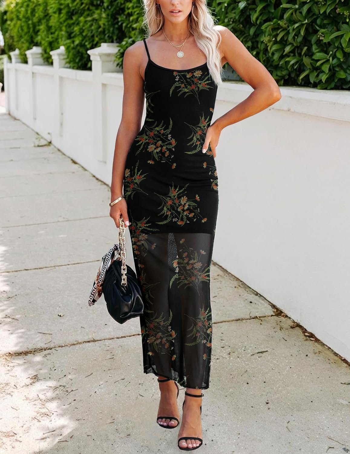 Womens Mesh Floral Midi Dresses Spaghetti Strap Sleeveless Vintage Goth Formal Wedding Guest Bodycon Cami Dress - Image 2