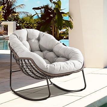 Outdoor Wicker Papasan Chair - Oversized Comfy Patio Rocking Chair Indoor Egg Royal Rattan Rocking Chairs with Cushion for Garden Front Porch Lounge Lawn Bedroom Apartment Beige, 1 Chair