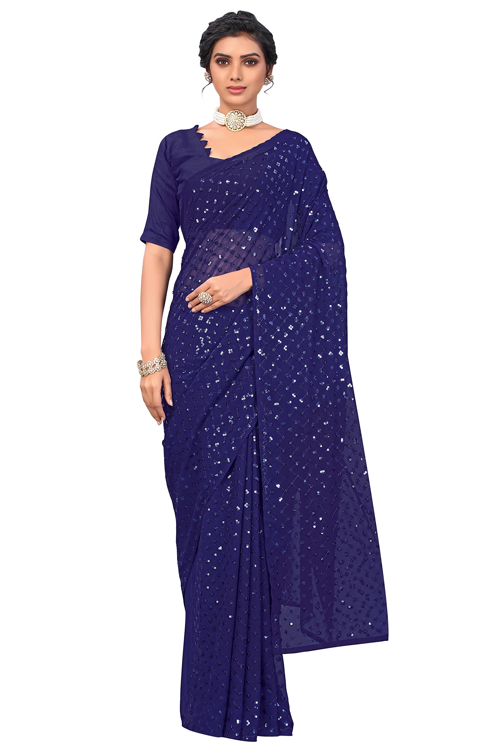 Glory SareesWomen’s Georgette Sequins Embroidery Saree With Blouse Piece (Sequence105_Blue)