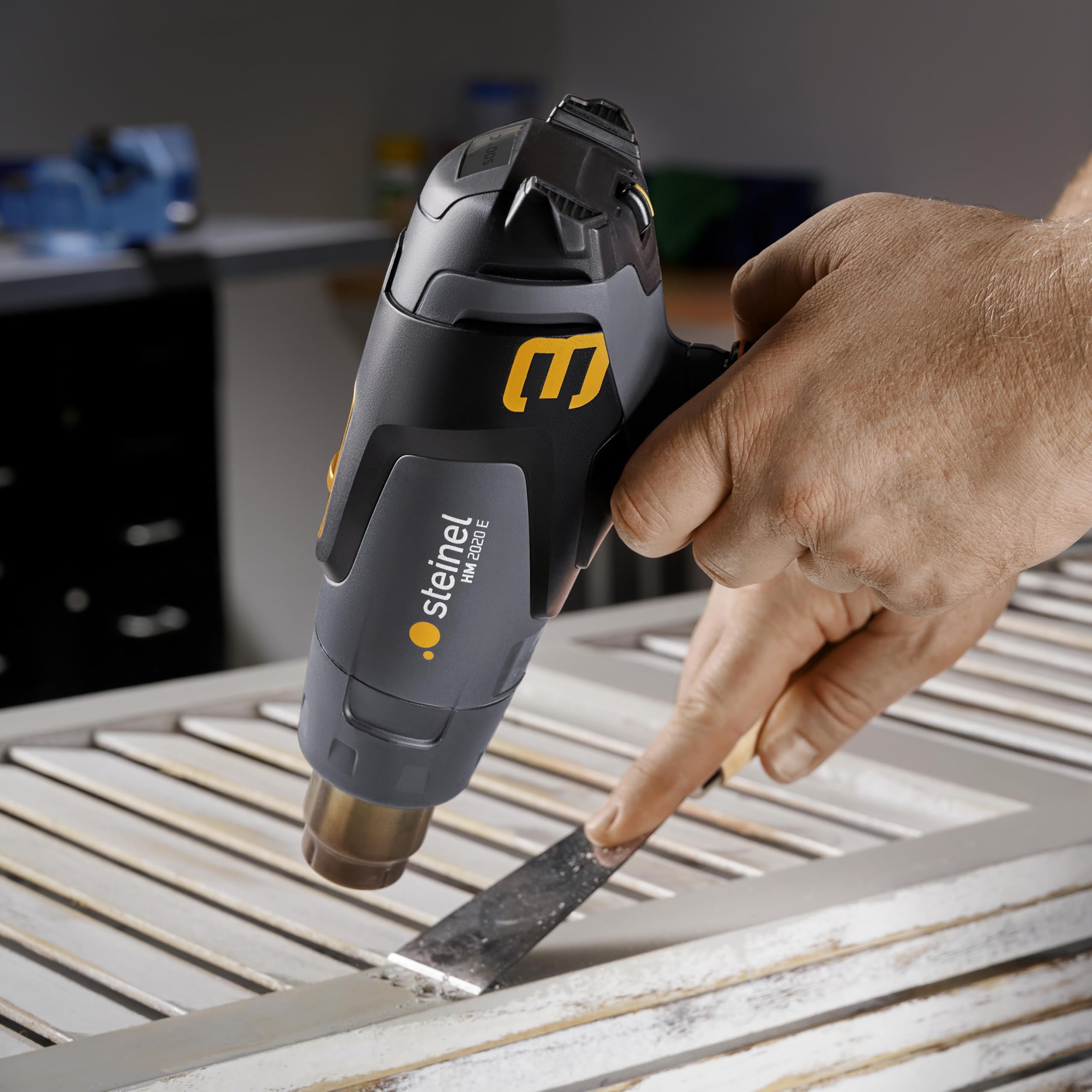 Steinel Heißluftpistole HM 2020 E Set, inkl. Reduzierdüse, 2200 W Heißluftfön, LCD-Display, Temperatur 80°-630°C, Heißluftgebläse mit Keramikheizung