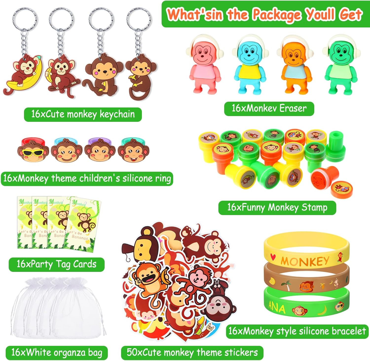 Seajan 162 Pcs Monkey Birthday Party Favors for 16 Kids Include Keychain Ring Bracelet Stamp Erasers Sticker Bag Tags for Theme Birthday Baby Shower Party Decor