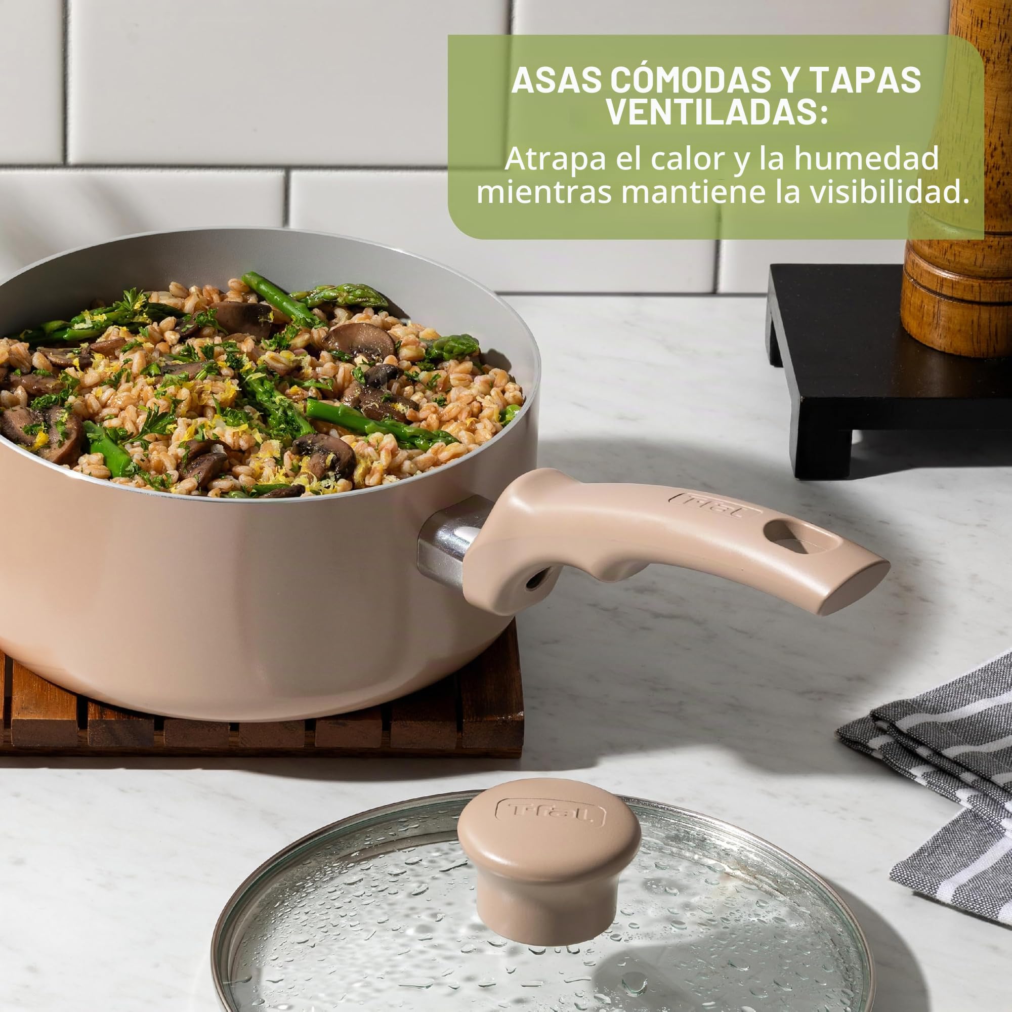 T-Fal Refresh - Juego de ollas y sartenes de cerámica, 20 piezas, antiadherentes, olla, plancha, sartenes, utensilios, gris luna
