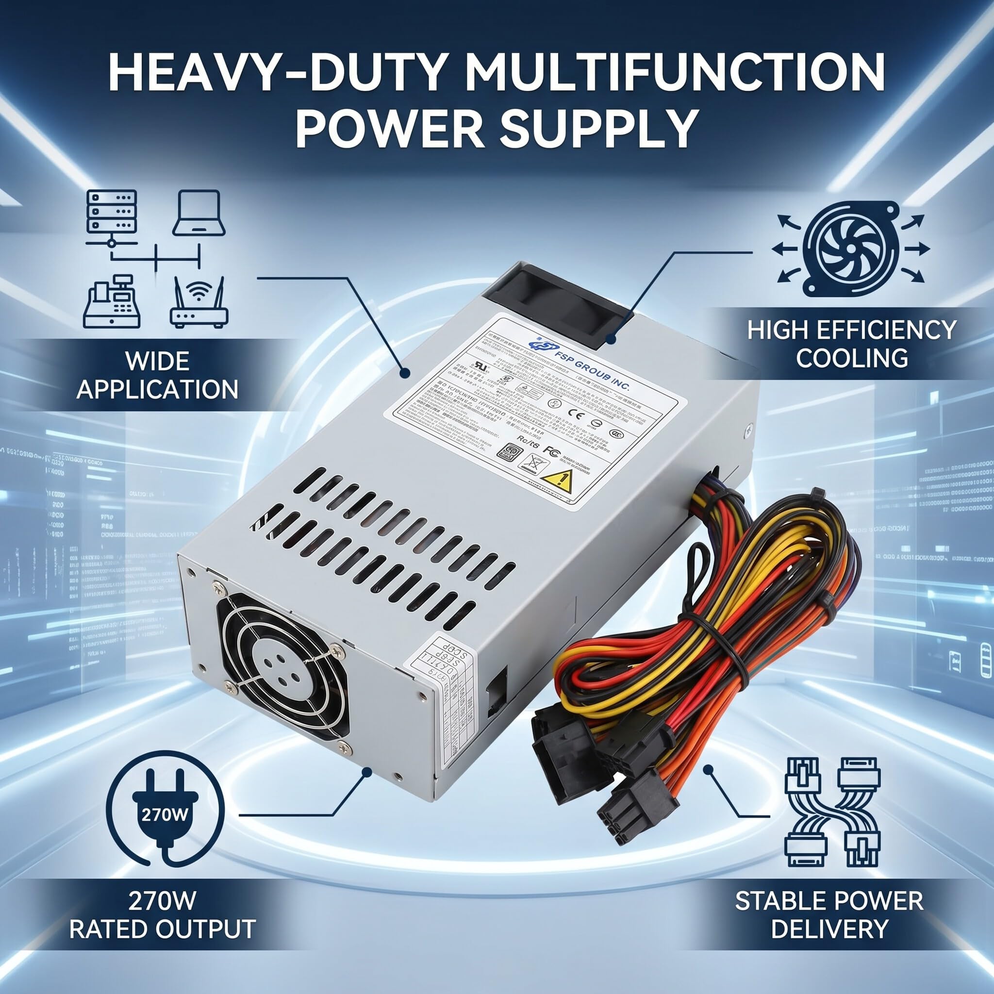 60LE 1U Turbina de Potencia Disipación de Calor Metal Fuerte Fuente de Alimentación de 270 W para Servidor de PC Compatible con Chasis Peque?o ITX y Servidores NAS