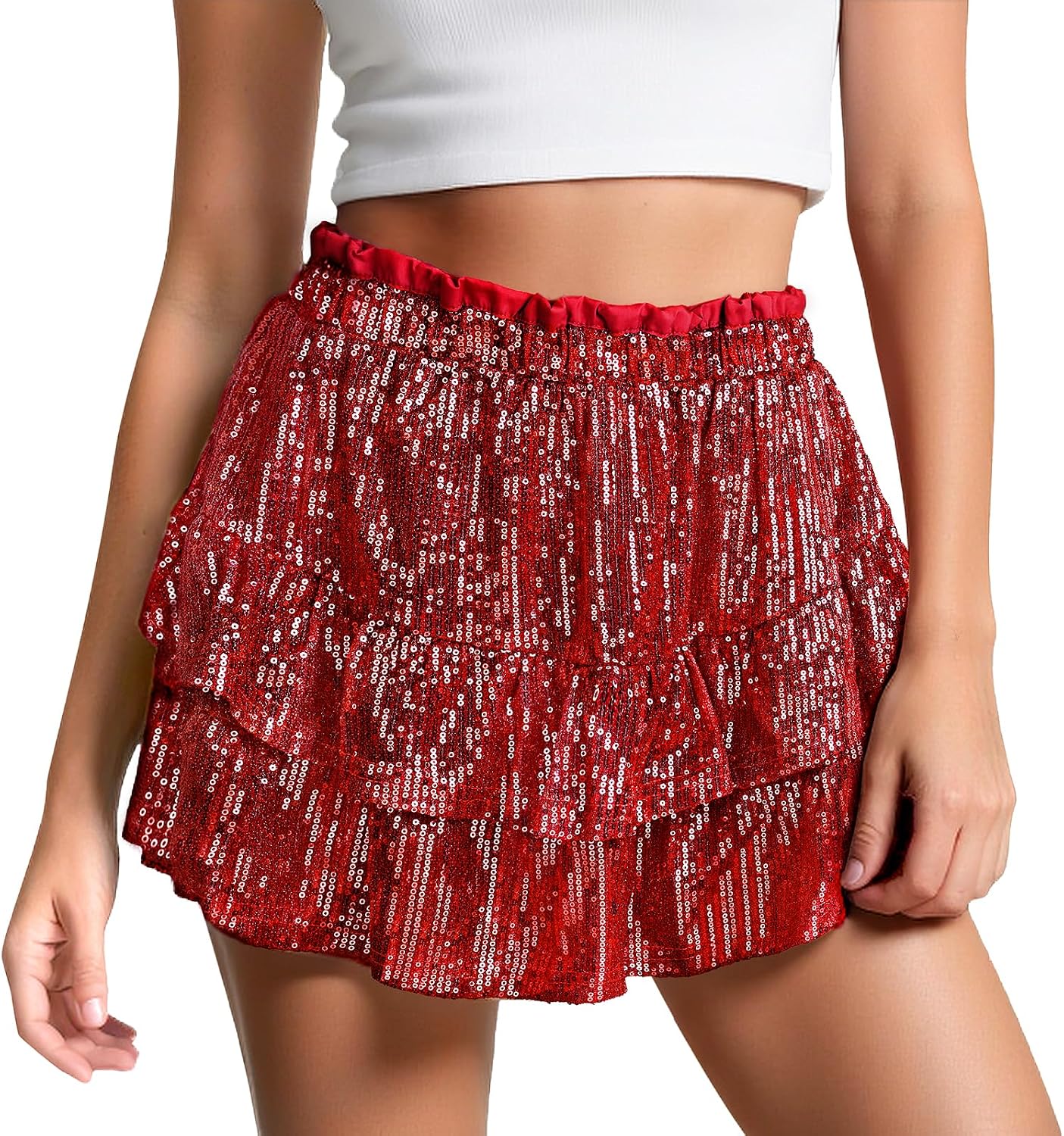 Women Sequin Skirt Sparkly Stretchy High Waist Ruffle Glitter Mini Short Skirts Concert Outfits for Night Out Party