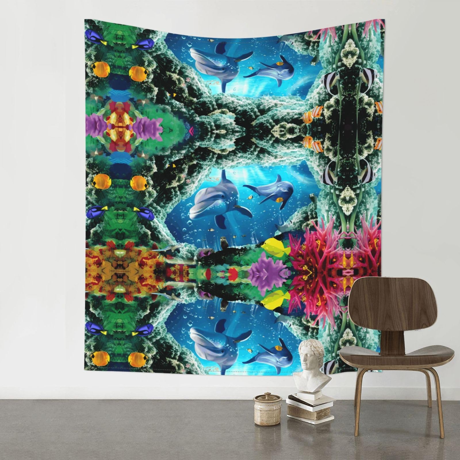 HJFCZH Ocean Underwater Dolphin Fish Prints Wall Tapestry 60x51in – Boho Decor Throw for Bedroom, Dorm, Beach Cover & Picnic Blanket