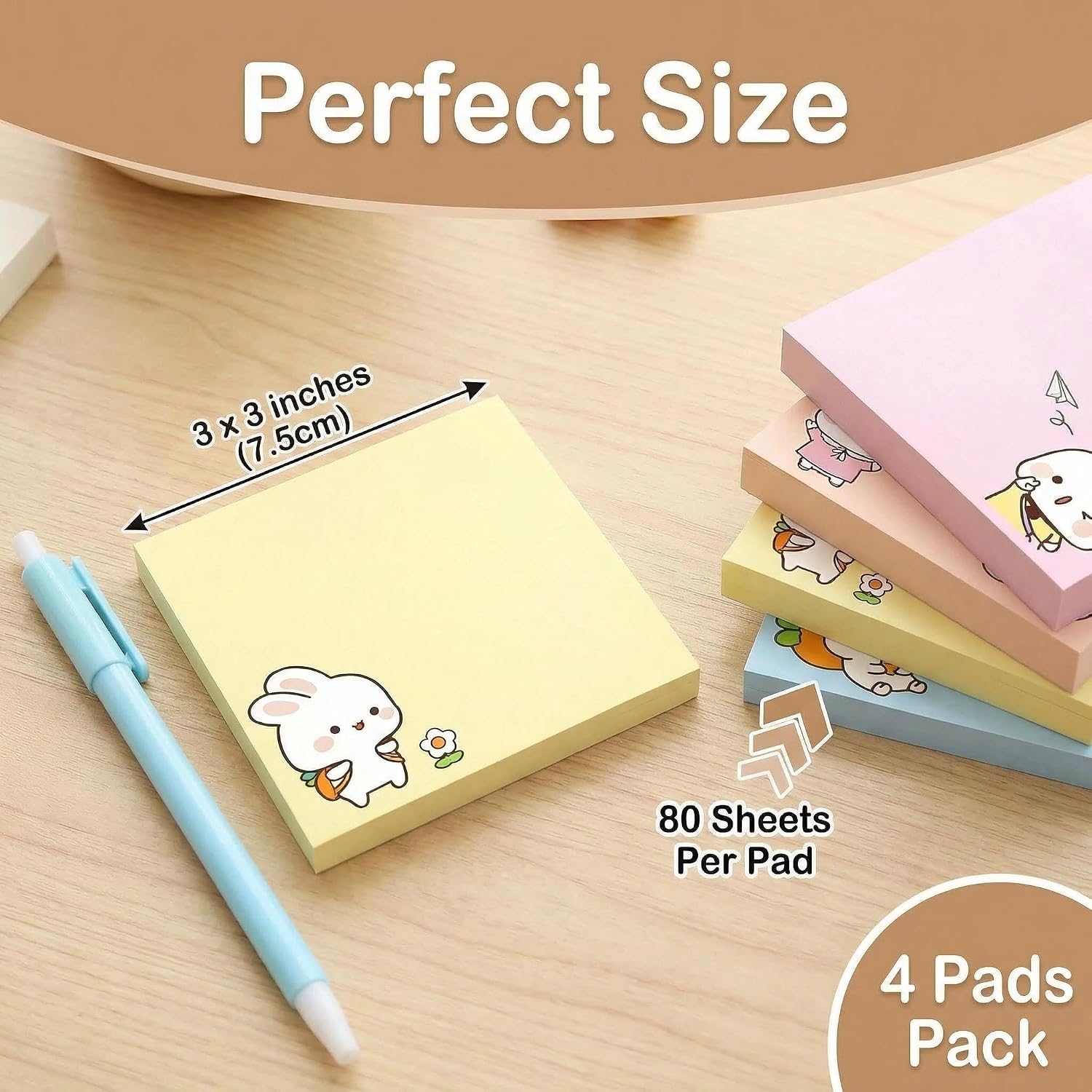 Cute Kawaii Bunny Sticky Notes 3x3 Inch 4 Pads 80 Sheets Memo Pads image 3