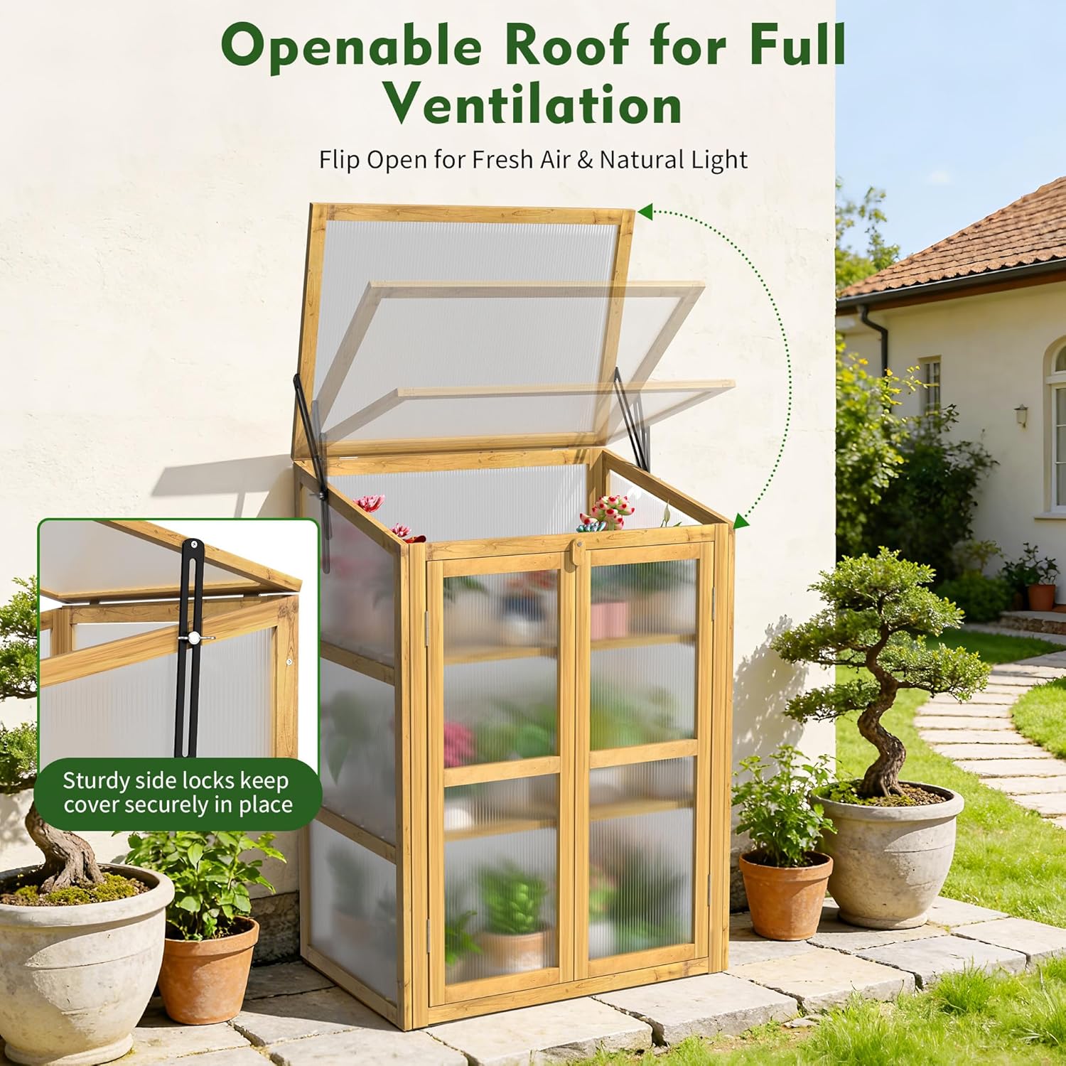 HOOYEAH Wooden Cold Frame Greenhouse, Small 3-Tier Greenhouse Cabinet with Adjustable Shelves & Flip-Top Ventilated Roof for Outdoor and Indoor Use