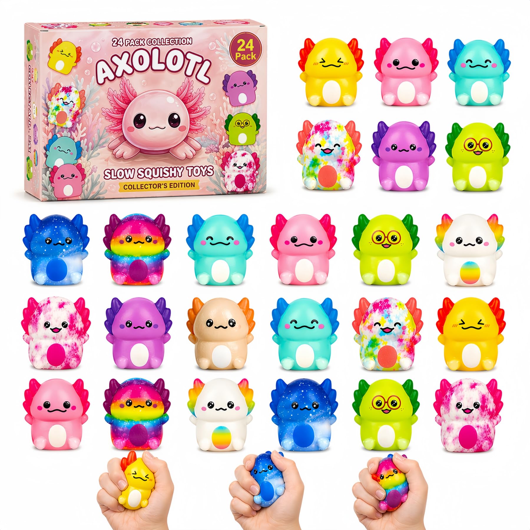 24PC Axolotl Squishy Toys – Soft Slow Rising Stress Relief Sensory Fidget Toys for Kids Boys Girls, Party Favors, Classroom Rewards, Treasure Box Prizes, Novelty Gifts