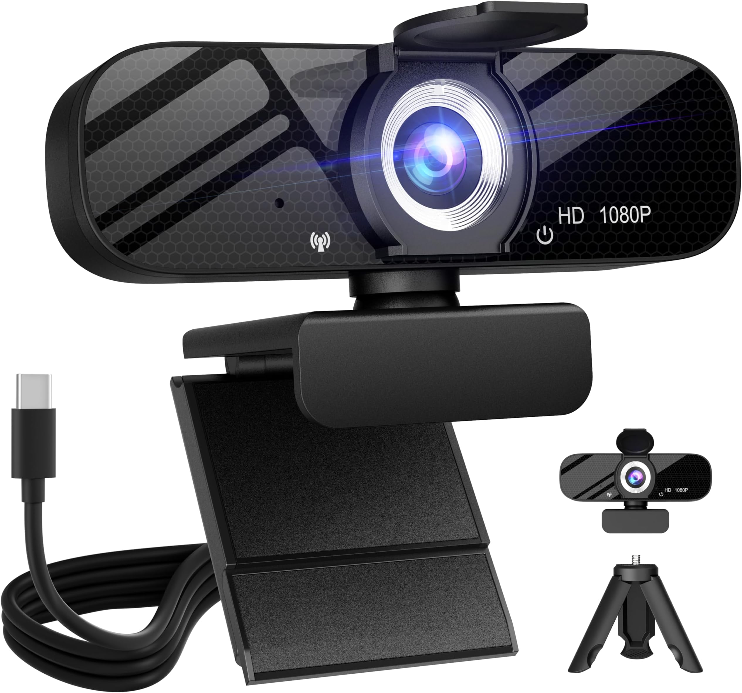 Full HD 1080P Video Webcam and Wide Angle Camera with Built-in Microphone and Rotatable Tripod,for Laptop Computer or Desktop PC,Great for Live Streaming.(Webcam with Type C Cable)