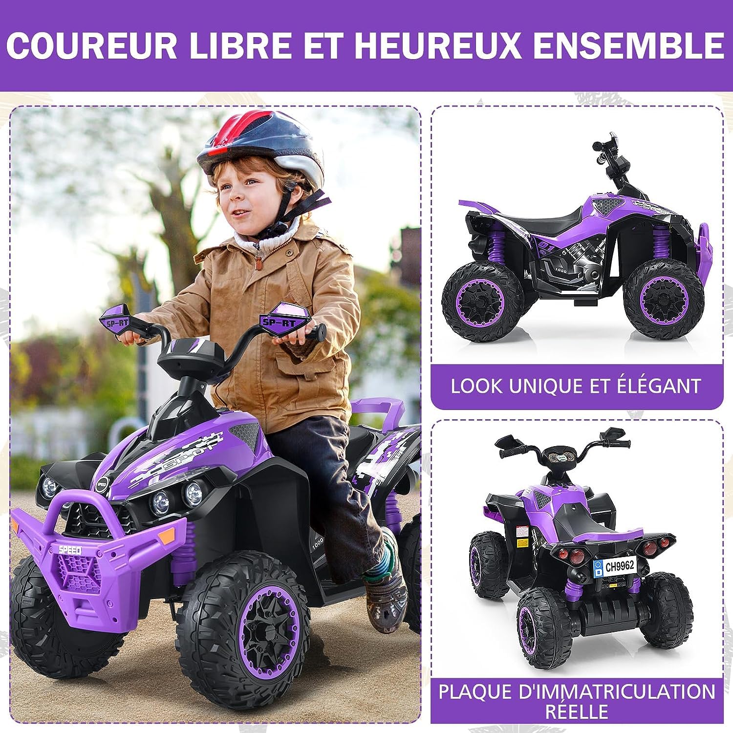 GOPLUS Quad 4x4 Électrique avec 2 Vitesses Réglables, Voiture Électrique Enfant 1 Place avec Lumières LED & Musique, pour Tout-Petit 3-8 Ans (Violet)