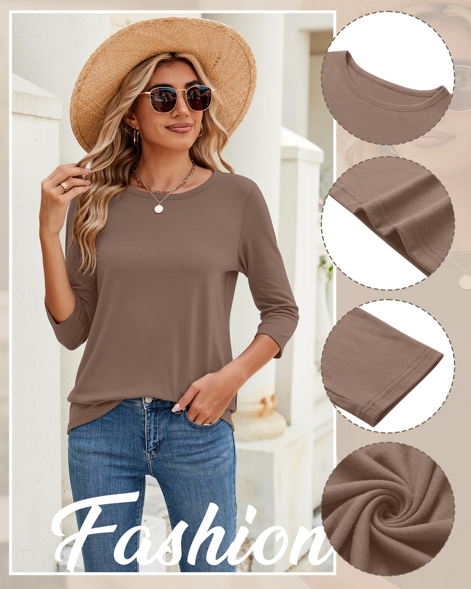 Ficerd 3 Pack 3/4 Sleeve Tops for Women Round Neck Dressy Basics Tees Casual Trendy Loose Fit T Shirts