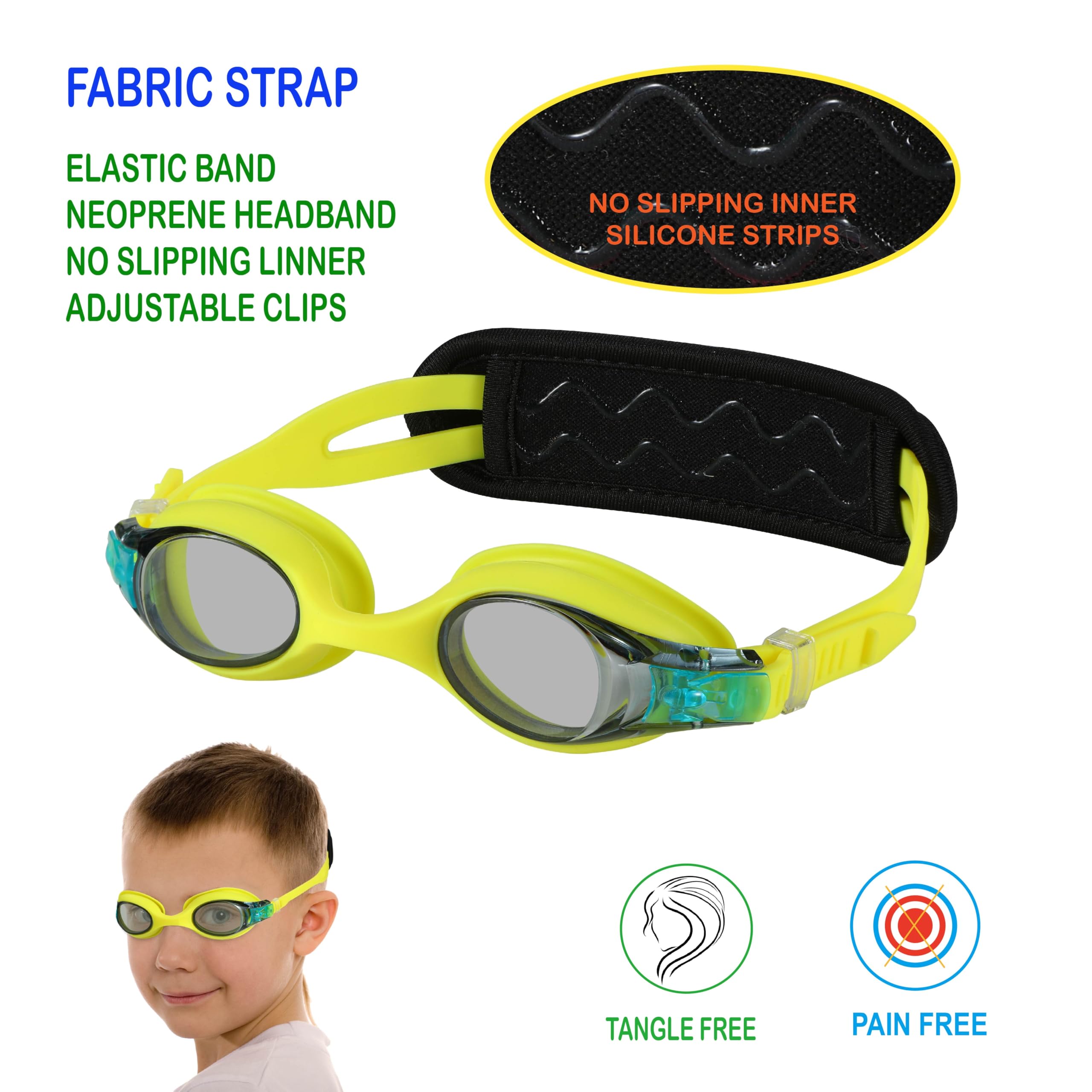 Occhialini da nuoto per bambini dai 3 agli 8 anni, occhiali per bambini senza tirare i capelli, occhiali per bambini con cinturino imbottito