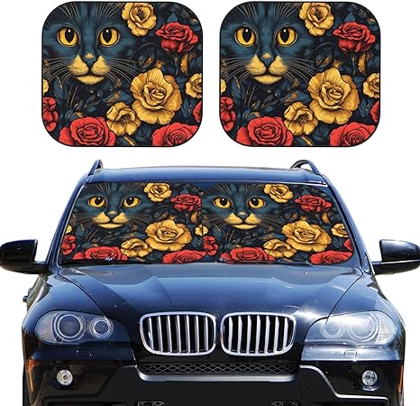 Delerain Colorful Sugar Skull Car Windshield Sun Shade, 2-Piece Foldable Car Front Window Sun Shades Blocks UV Rays Sun Visor Protector Keeps Your Vehicle Cool Fit for Most Sedan SUV Truck, Small