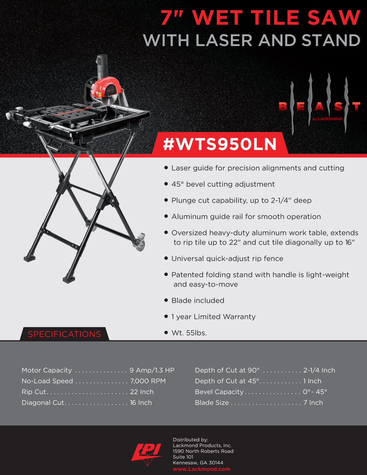 Lackmond WTS950LN Beast Wet Tile Saw with Sliding Tray, Laser and Stand, 7Inch Buy Online in